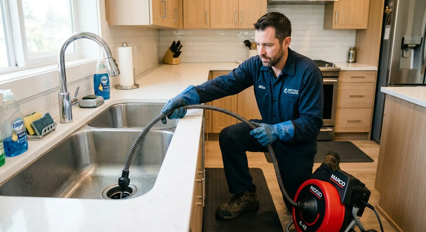 Drain cleaning technician using a motorized snake on a kitchen sink in Rio del Mar