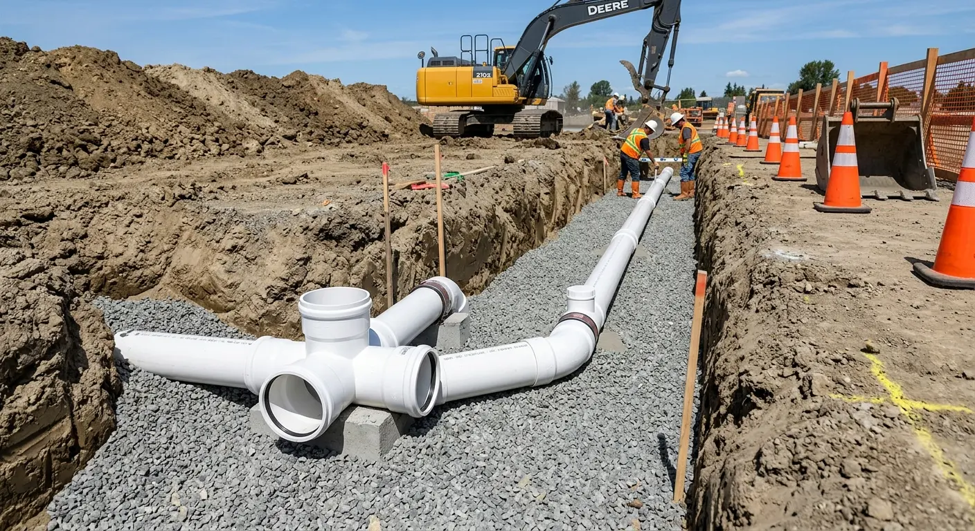 New PVC sewer pipe installation in open trench for Sewer Backup in Rio del Mar