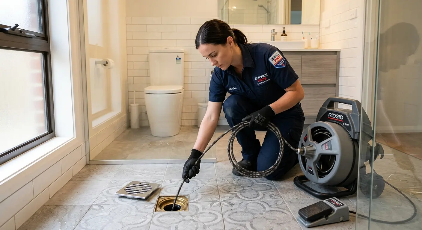 Technician clearing a bathroom floor drain for Sewer Line Replacement in Rio del Mar